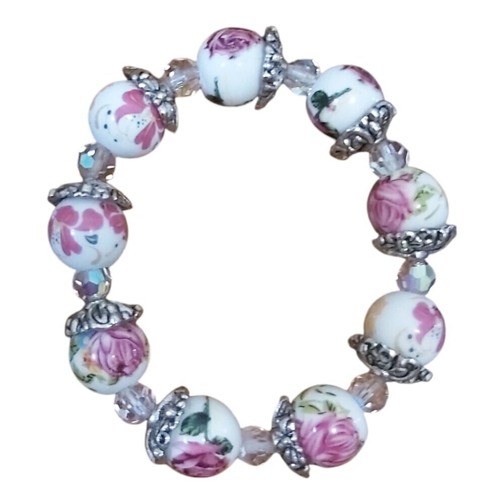 7 Inch Rose Ceramic & Czech AB Crystal Bead Bracelet - Metal Cap Flower Spacers